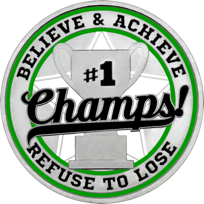 Black "Champs!" with Green Outer Circular Borders